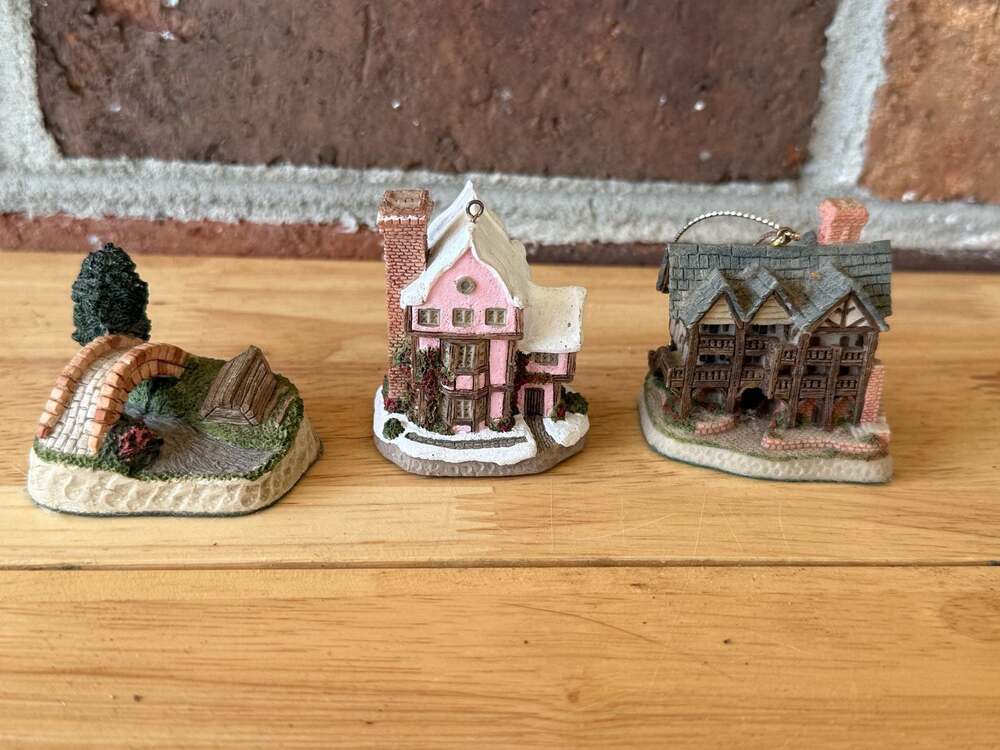 3 David Winter Mini Ornaments: Brooklet Bridge, Suffolk House, and The Grange